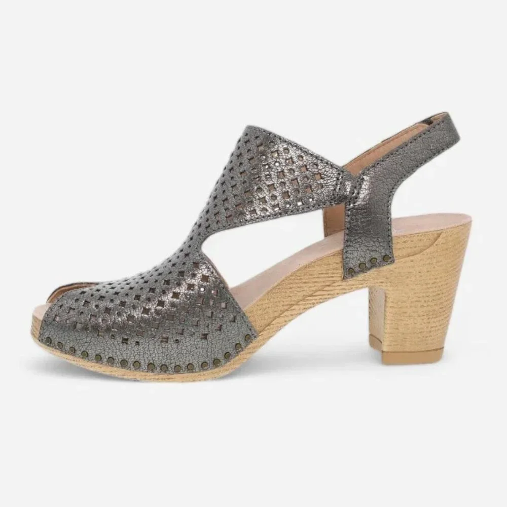 NEW Dansko Teagan Perforated Leather Peep Toe Heeled Sandals in Gunmetal - Picture 7 of 11
